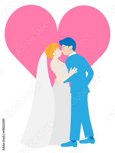 結婚式でキスをする新郎新婦とハートマーク