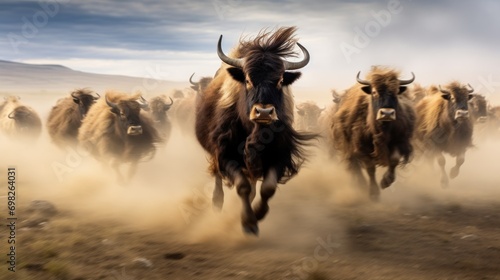  a herd of cattle running across a dry grass field in front of a mountain range in the distance with clouds in the sky.