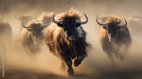  a herd of bison running across a dirt field in a dusty, dusty, and smoggy area. photo