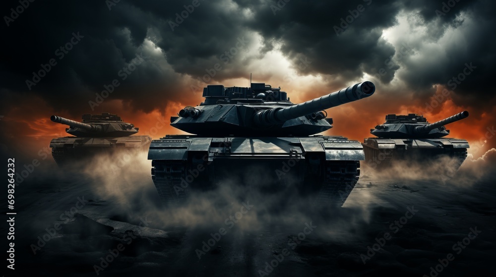 Tank battle against a background of black smoke Tank battle against a background of black smoke