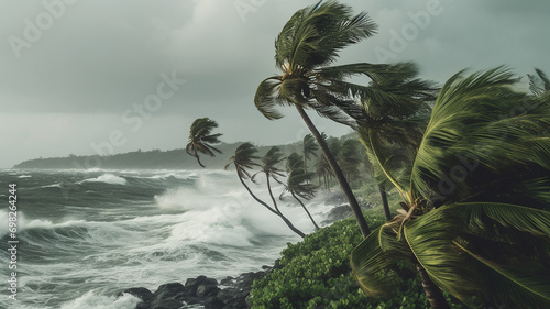 strong wind in a hurricane storm on an island at sea with a palm tree