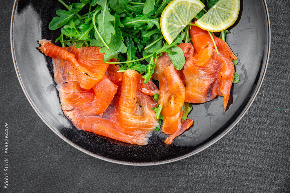 salmon salad fish seafood ready to eat eating cooking appetizer meal food snack on the table copy space food background rustic top view diet Pescetarian salmon salad fish seafood ready to eat eating cooking appetizer meal food snack on the table copy space food background rustic top view diet Pescetarian