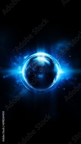 A blue, glowing orb in space on the black background