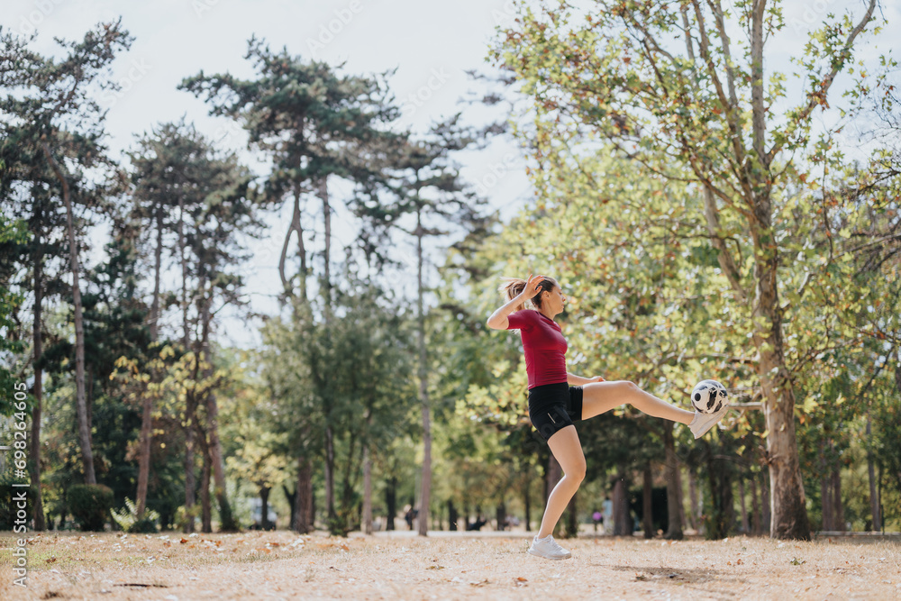 Fit girl trains outdoors, performing football tricks and juggling soccer ball with skill and grace. Enjoying sunny day, surrounded by trees. Fit girl trains outdoors, performing football tricks and juggling soccer ball with skill and grace. Enjoying sunny day, surrounded by trees.