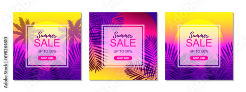 Set of summer square designs. Vector illustration. Colorful tropical poster. Social media post template