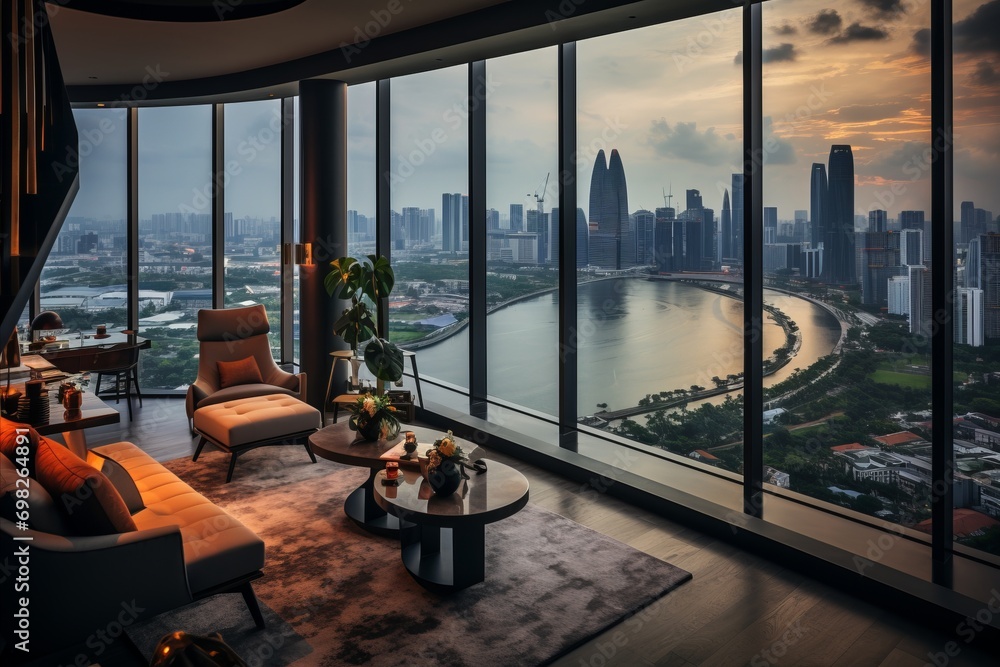 Fototapeta premium Modern room with panoramic windows and city views