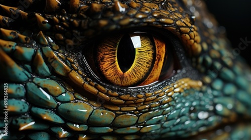  a close up of a lizard's eye with orange and yellow irises on it's face and a black background. © Anna