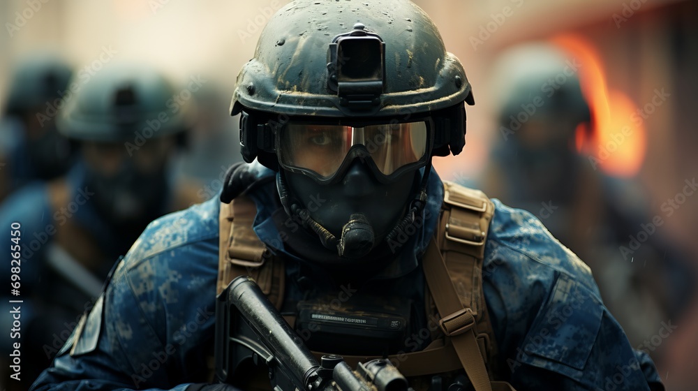 Closeup of armed soldier outdoors Closeup of armed soldier outdoors