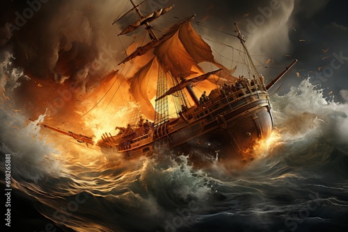 Fire on a sailing ship during a storm