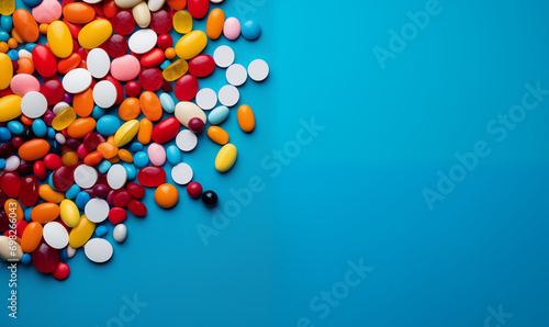 Scattered multicolored tablets on a blue background, top view. Space for text. The composition is on the left side of the picture.