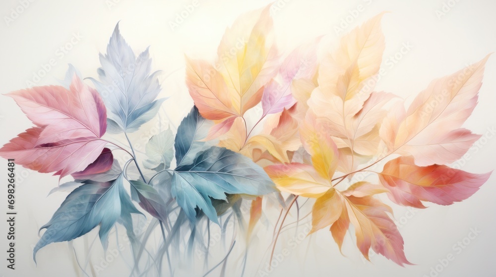  a painting of a bunch of leaves in pastel colors on a white background with a white wall in the background.