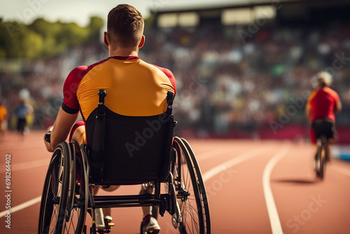 Disabled athlete in wheelchair at a sports competition.