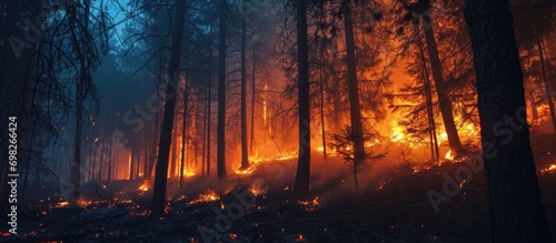 Nocturnal forest fire caused by people.