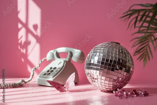 Pink retro telephone with disco ball on pink background. 70s and 80s style. Retrowave or synthwave concept. Pop culture and art. Nostalgic vibes photo