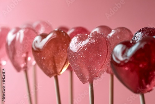 Heart shaped lollipops on pink background. Valentine's Day candy. Sweet love symbol. Sugar food, hard candy on stick. Gift for holiday, birthday, woman's day, Christmas photo