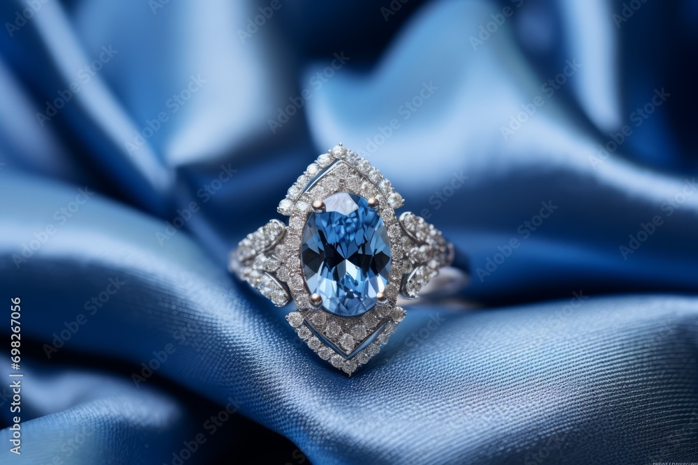 Sapphire and diamond ring on blue satin fabric Sapphire and diamond ring on blue satin fabric
