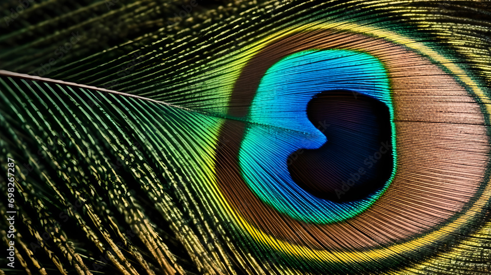 Fototapeta premium Enlarged photograph emphasizing the striking pattern present in a peacock feather.