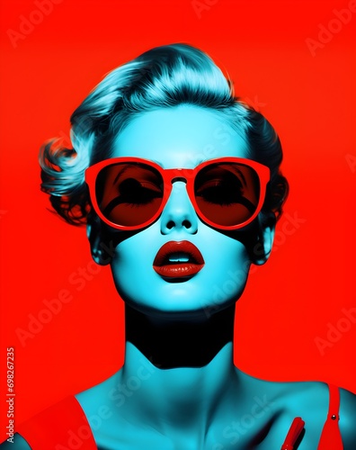 red black and white silhouette of woman face with red lips wearing sunglasses, vector icon ready to print, design as banner isolated on white background, bright colors, retro vintage poster superwoman