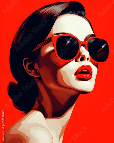 red black and white silhouette of woman face with red lips wearing sunglasses, vector icon ready to print, design as banner isolated on white background, bright colors, retro vintage poster superwoman