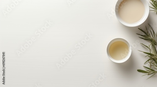  two cups of tea and a sprig of rosemary on a white background with space for text or image.