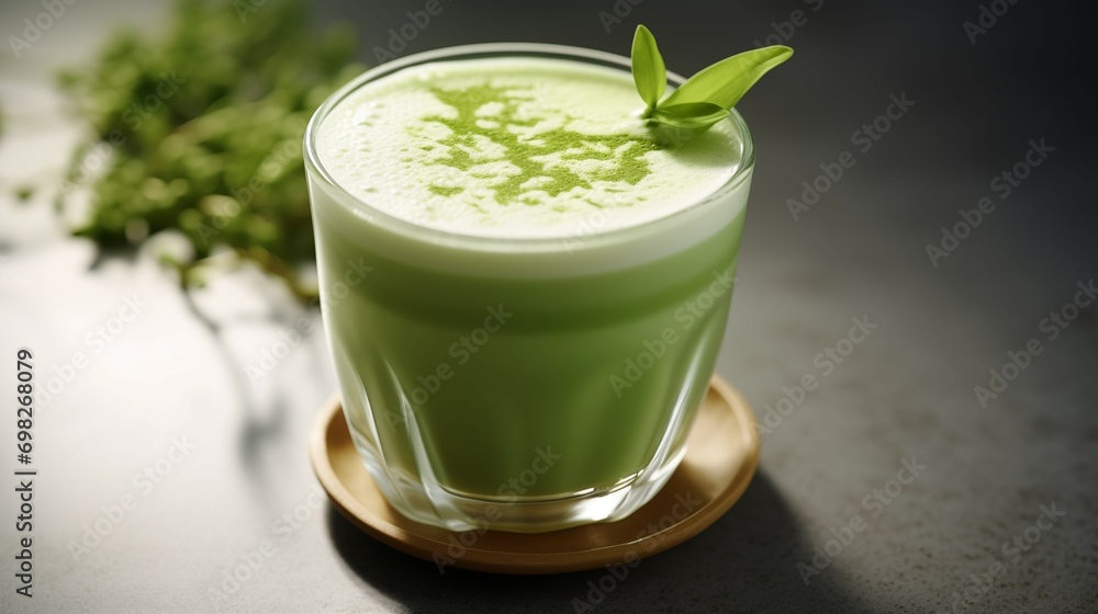 A glass with matcha latte on the table A glass with matcha latte on the table