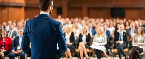 Speaker at business conference, audience, or presentation hall. photo