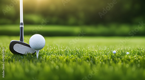 Golf club ball on tee set against the lush green backdrop.