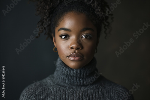 Beautiful African-American girl model in a dark-gray chunky knit sweater, on a monochromatic dark background - fashion, winter style, business comfort