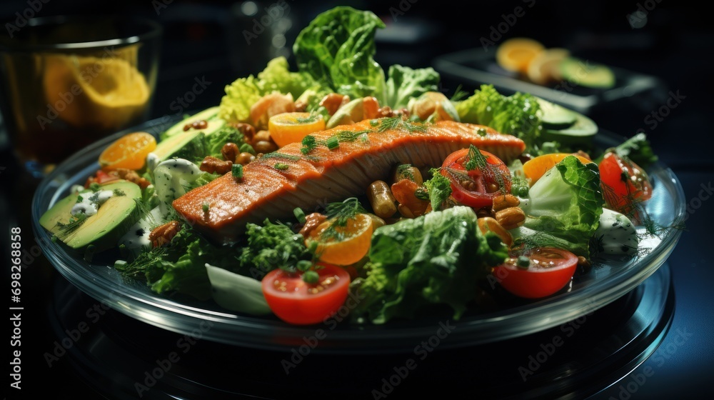  a plate of salmon, lettuce, tomatoes, avocado, and oranges on a table.