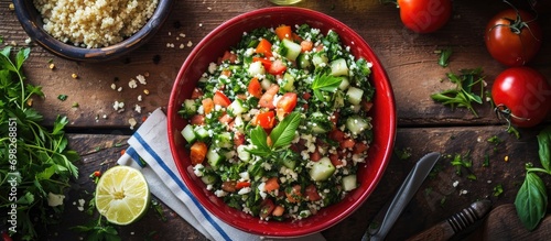 Top-down view of tabbouleh salad in red bowl on rustic table, with couscous. photo