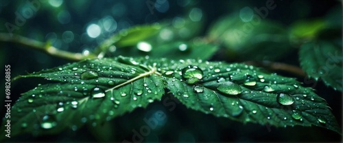 Green leaf with sparkling water drops glistening in the dark theme. A mesmerizing abstract background for your banner photo
