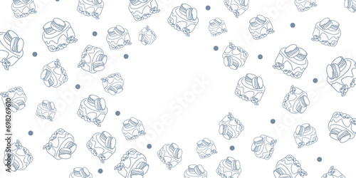 Vector illustration. Contour pattern. Cakes, donuts, croissants, macarons in sketch style. Hand drawn food elements. Desserts and sweets food doodle background with copy space for text.
