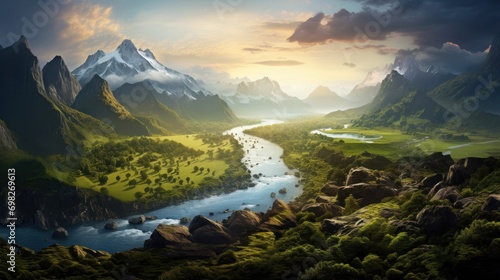  a painting of a mountain landscape with a river in the foreground and a river running through the middle of it. photo