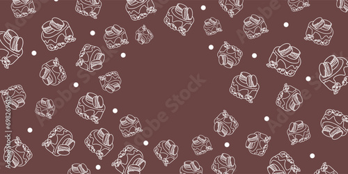 Vector illustration. Contour pattern. Cakes, donuts, croissants, macarons in sketch style. Hand drawn food elements. Desserts and sweets food doodle background with copy space for text.