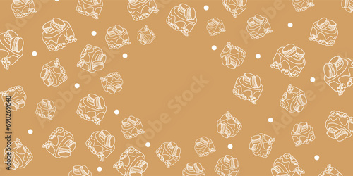 Vector illustration. Contour pattern. Cakes, donuts, croissants, macarons in sketch style. Hand drawn food elements. Desserts and sweets food doodle background with copy space for text.