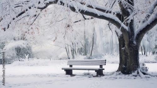  a snow covered park bench next to a tree in the middle of a snow covered park with lots of snow on the ground.