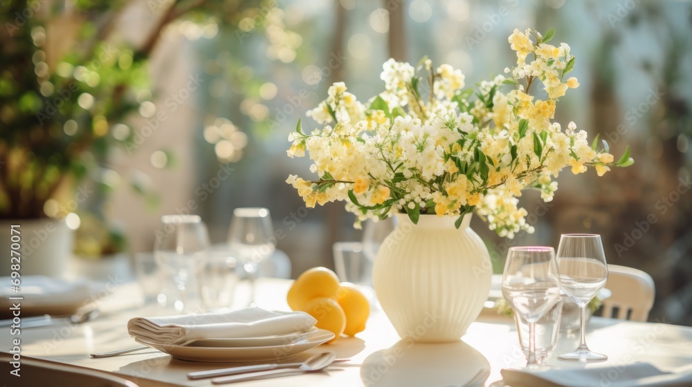  a white vase filled with yellow flowers sitting on top of a table next to a white plate and silverware.