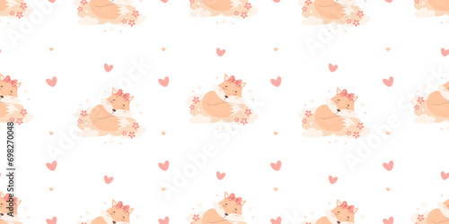 Seamless pattern with sleeping animal fox on cloud on white background. Vector illustration for design, wallpaper, packaging, textile. Kids collection.
