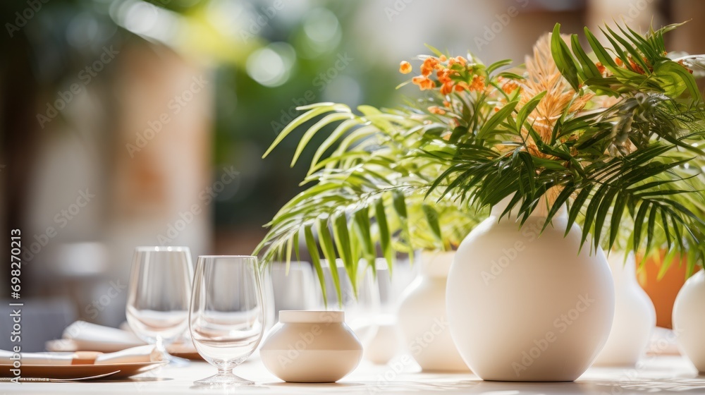  a close up of a table with glasses and a vase with a plant in the middle of it and plates and utensils on the table.