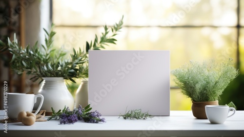  a table topped with vases and plants next to a white board with a white sheet of paper on top of it.