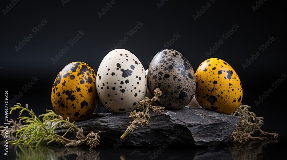 a group of speckled eggs sitting on top of a rock next to a sprig of plant life. a group of speckled eggs sitting on top of a rock next to a sprig of plant life.