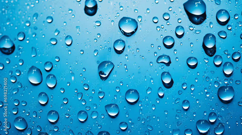 Water drops on a blue reflective surface
