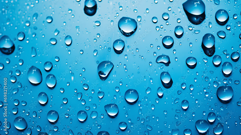 Water drops on a blue reflective surface Water drops on a blue reflective surface