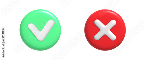 3d rendering of green check and red cross. Vector illustration of right and wrong button photo