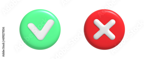 3d rendering of green check and red cross. Vector illustration of right and wrong button