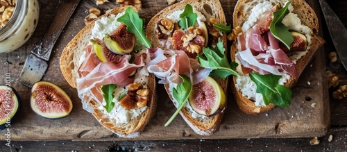 Goat cheese, prosciutto, fig, and walnut sandwich.