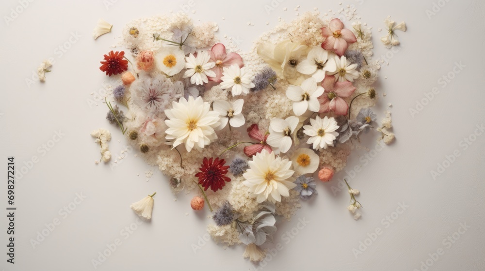  a heart - shaped arrangement of flowers on a white background, with a few petals scattered all over the place.
