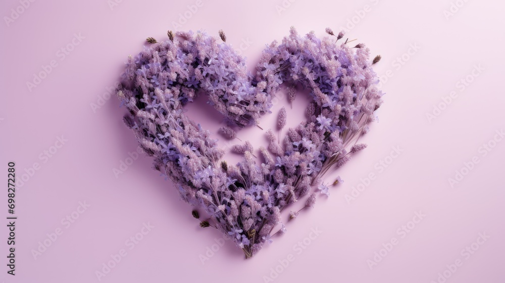 a heart - shaped arrangement of lavender flowers on a pink background with space for the word love written in the center.