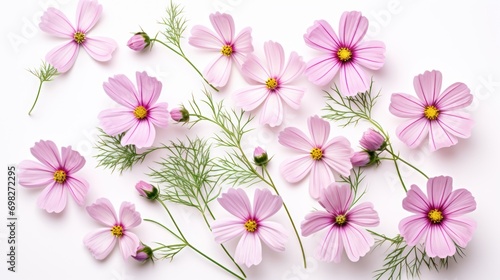  a bunch of pink flowers laying next to each other on top of a white surface with one flower in the middle of the frame.