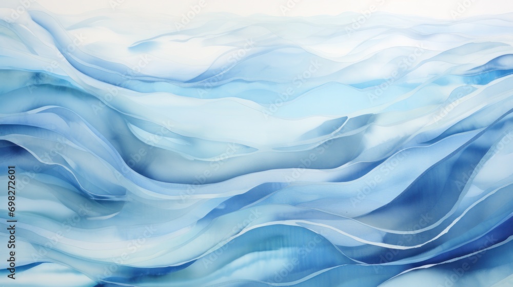 Fototapeta premium a painting of blue and white waves on a white background with a blue sky in the middle of the painting.